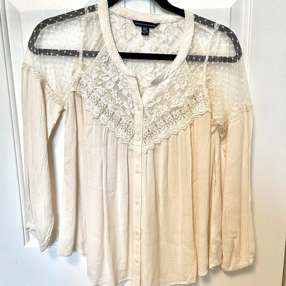 Blouse Boho Cream Lace Sleeves Peasant
